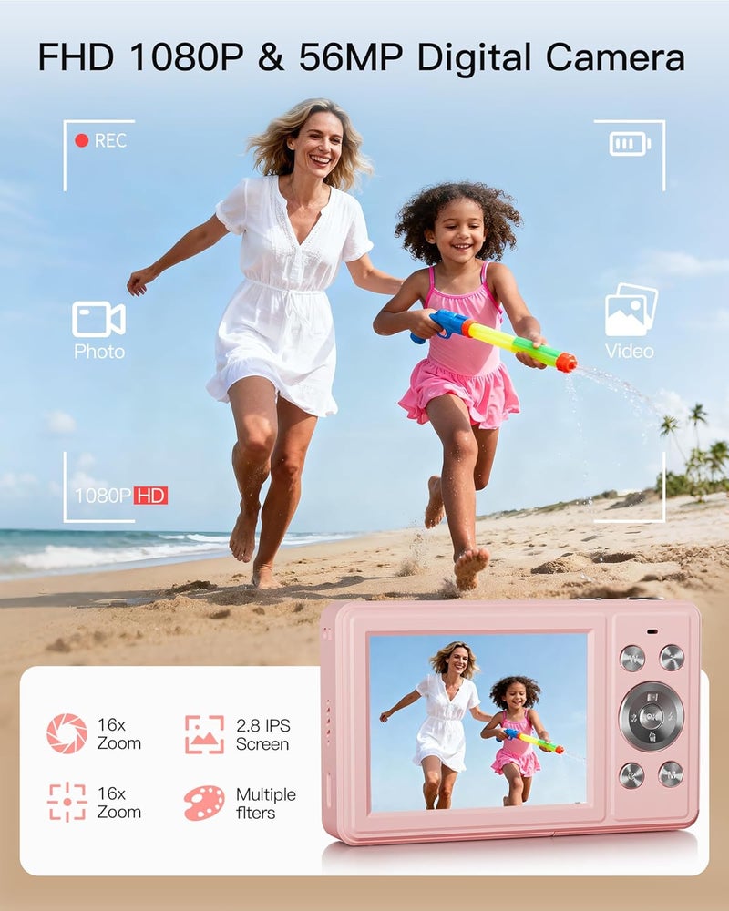 WONNIE كاميرا رقمية، كاميرا تصوير فوري FHD 1080P مع بطاقة SD سعة 32GB، 2 بطاريات، زوم 16X، مضادة للاهتزاز، تصميم صغير مدمج للأطفال والمراهقين والطلاب والفتيات والفتيان (وردي) - Image 2